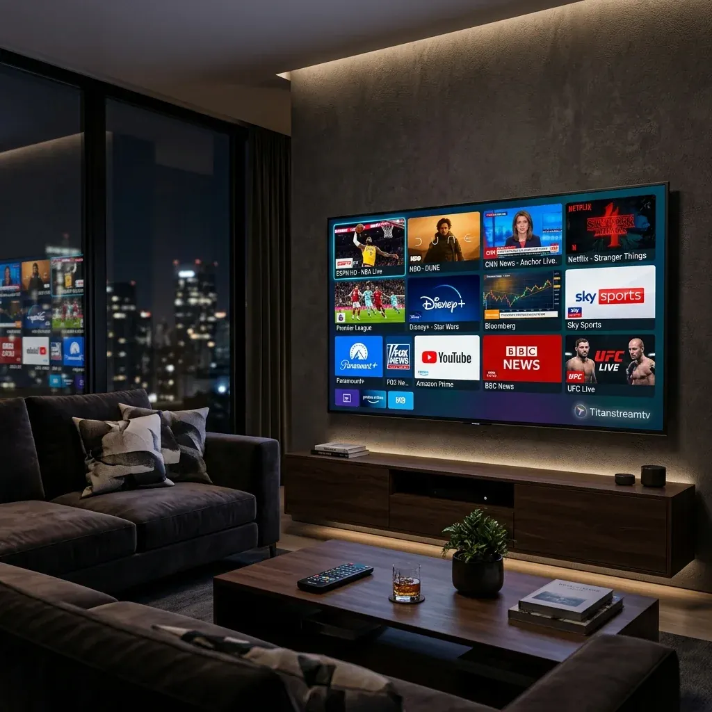 Living room TV streaming live sports, movies and news with Titanstreamtv IPTV